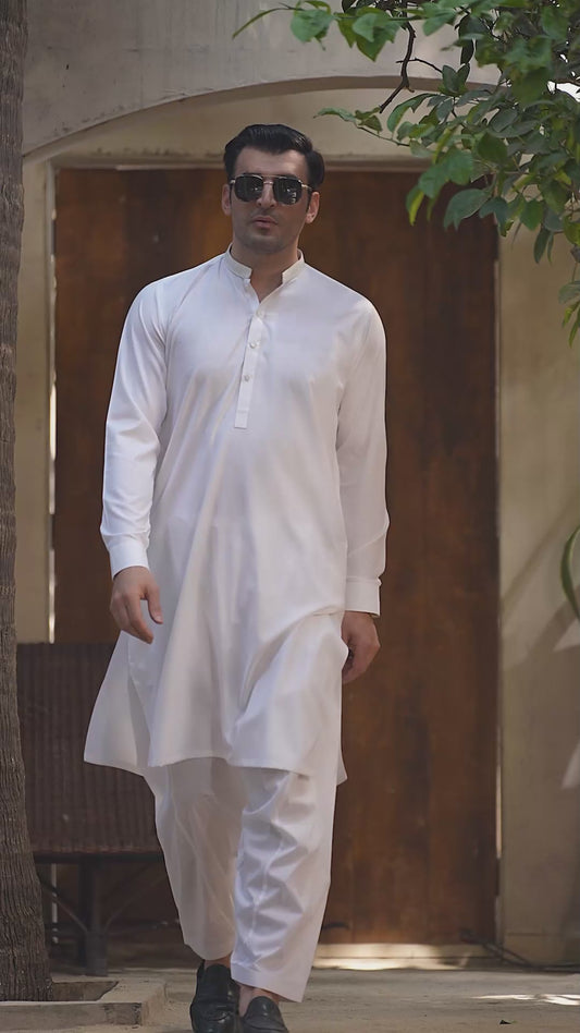 Men's Premium Ban-Embroidered Kameez Shalwar - Classic White / Classic Fit.